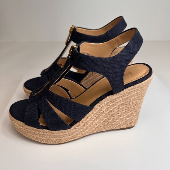 Michael Kors Sandal Women 7 Berkely Wedge Heel Zip Up Canvas Work Party Core Ne - Picture 4 of 14